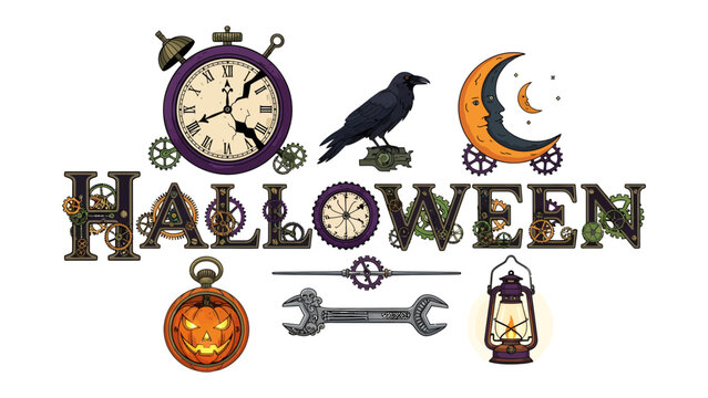Steampunk Halloween Art: An artistic illustration featuring the word HALLOWEEN in a steampunk font, adorned with thematic elements like a raven, a cracked clock, a crescent moon, a jack-o'-lantern.