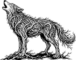 Obraz premium Howling Wolf Silhouette Made of Tree Branches and Roots Illustration