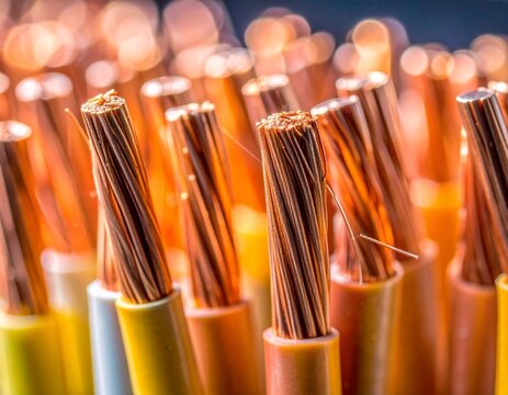 Copper Wire Close-up: A macro shot reveals the intricate detail of raw copper wire strands, highlighting the vibrant metallic texture and electrical conductivity.