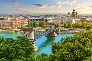 Budapest cityscape at sunset with Chain Bridge and St. Stephen's Basilica view from Buda Castle © AlexAnton