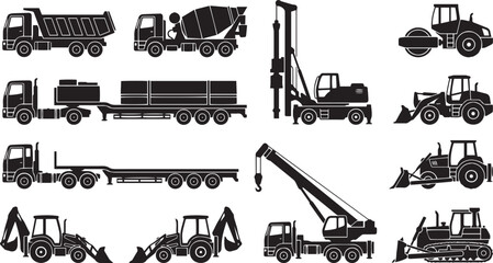 Obraz premium Heavy construction machinery vehicle icon set featuring dump truck cement mixer mobile crane and bulldozer silhouettes isolated on white background