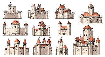 Medieval stone castle and fortress icons set © andi