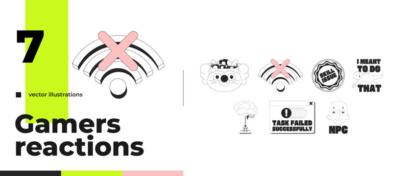 Funny fail black and white gaming reaction set. NPC character. Skill issue. Wifi disconnected. Brain AFK. Accidental mistakes. Flat 2D illustration overlays isolated. Line vector graphic pack