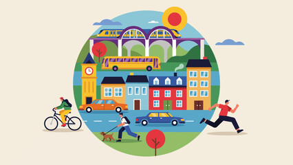 Naklejka premium Colorful flat illustration of a busy city street with buildings cars people cycling and running in a vibrant urban environment Vector