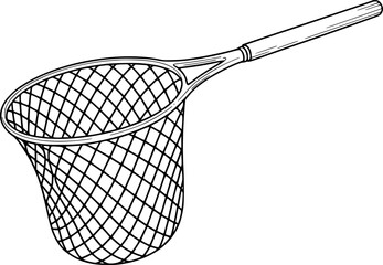 A simple black and white line of a handheld fishing net with a long wooden handle for catching © Abdul