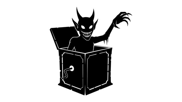 Scary Jack-in-the-Box Surprise: A sinister silhouette of a devilish creature emerges from a black jack-in-the-box, its sharp claws extended and glowing eyes hinting at a terrifying surprise.