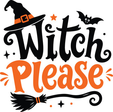 Witch Please Halloween Text Design with Witch Hat, Bat, Stars, and Orange Black Decorative Lettering for Festive Branding