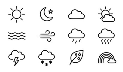 Fototapeta premium Weather Line Icon Set with Sun Moon Clouds Rain Wind and Rainbow