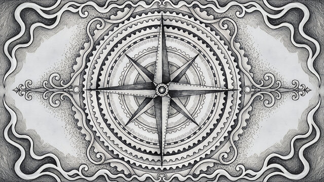 Detailed monochrome of a vintage nautical compass surrounded by intricate gear patterns and swirling ornamental scrollwork lines