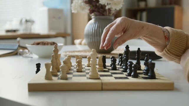Side view closeup shot of senior woman and senior man playing chess in retirement home, moving wooden pieces on board. Clip for promoting active aging, cognitive health and senior care services
