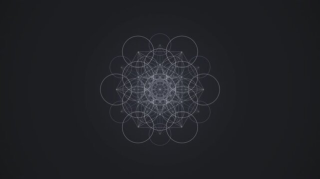 Seamless 4K loop of a glowing iridescent metatron cube sacred-geometry pattern breathing in radial symmetry in rich volumetric light. Ideal for video overlay, mindfulness. 4K UHD.