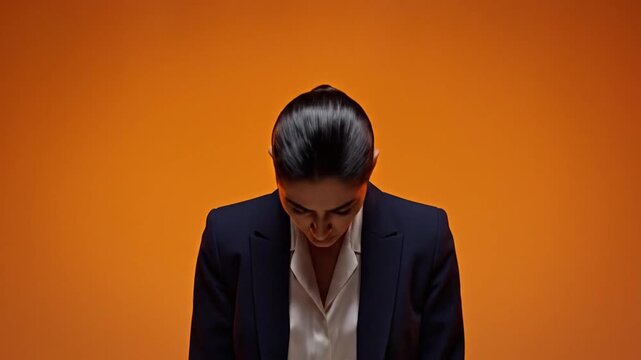 Disappointed businesswoman bowing head after glitter explosion on orange background.