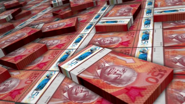 Barbados Dollar barbadian money banknote bundle loop. 50 BBD money stacks. Concept of business, economy, banking and finance. Camera over cash packs loopable seamless 3d.