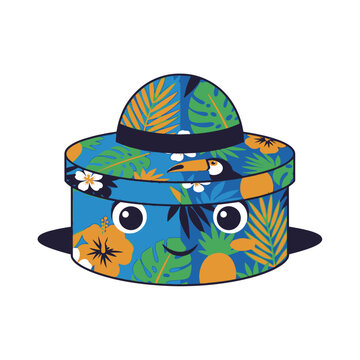 Cute Tropical Hat Box Character with Toucan and Pineapple.