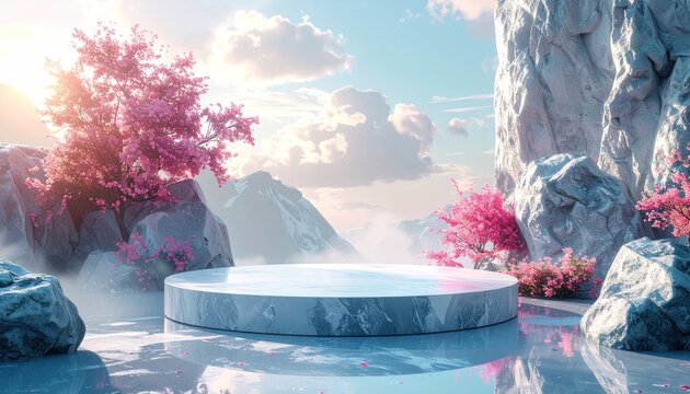 A serene stage floats on water, surrounded by mountains, cherry blossoms, and mist