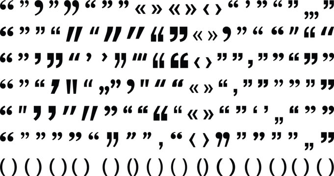 A diverse collection of quotation marks and parentheses creates a textured background.