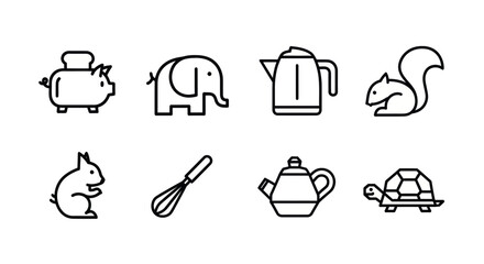 Assorted animal and household kitchen tool line icons. © Bromen