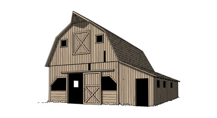 Traditional wooden farm barn with gambrel roof and timber siding © ardi
