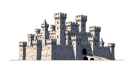 Large medieval stone castle with multiple towers and gatehouse © ardi