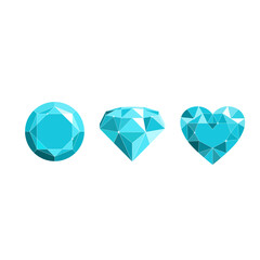 Fototapeta premium Vector illustration of three sparkling turquoise diamonds (round, brilliant, heart shapes) on white. Ideal for luxury, jewelry, romance, and holiday designs.