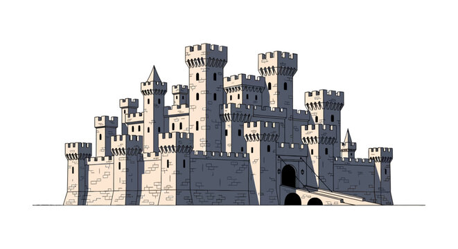 Large medieval stone castle with multiple towers and gatehouse
