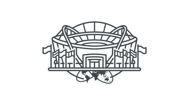 Modern stadium with flags and world globe icon.