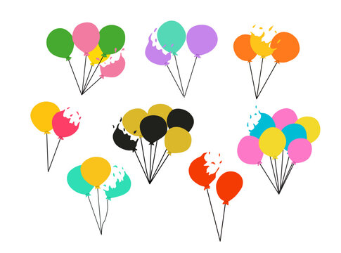 Illustration set featuring colorful balloons in various arrangements, including popped balloon elements for festive and playful decorations.