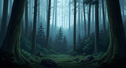 Obraz premium Deep Enchanted Misty Forest Poster Background with Towering Trees and Lush Green Undergrowth, conveying a tranquil and mysterious natural environment for design.