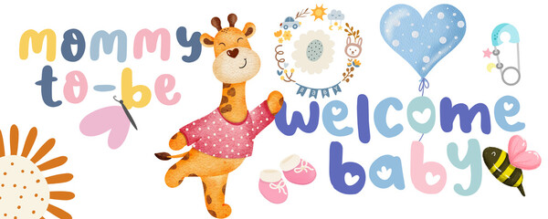 Naklejka premium Baby lettering with cute cartoon giraffe 