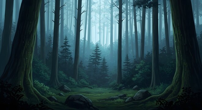 Deep Enchanted Misty Forest Poster Background with Towering Trees and Lush Green Undergrowth, conveying a tranquil and mysterious natural environment for design.