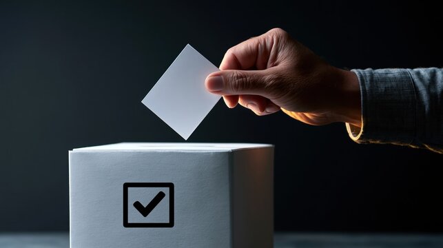 Ballot paper drops into a voting box to signify the importance of democratic participation and choice.