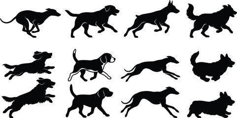 Fototapeta premium Black Silhouette Vector Set of Dogs Running, Walking, Sprinting, and Leaping in Motion