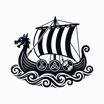 Detailed Viking drakkar ship with celtic knots and shields.