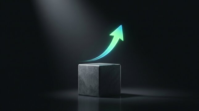 glowing green upward arrow on stone cube for business growth concept