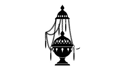 Incense Burner Silhouette: A striking black silhouette of an ornate incense burner, possibly used for religious ceremonies or aromatherapy, hangs with intricate chains. © Murshida