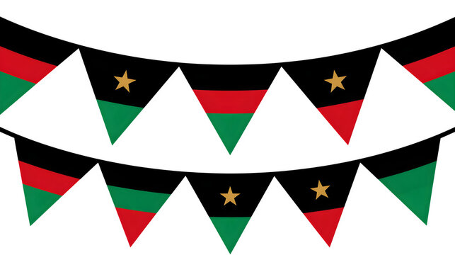 Pan-African flag bunting banner with red green and black triangles isolated on transparent background