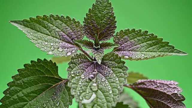 Fresh green and purple mint leaves covered in morning dew