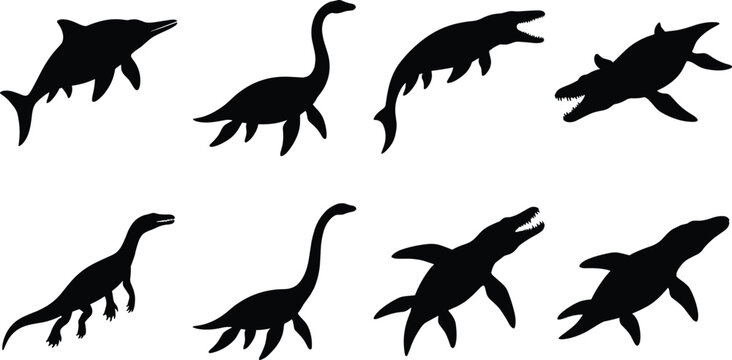 Black Silhouette Vector Set of Prehistoric Marine Reptiles Including Ichthyosaurs, Plesiosaurs, and Mosasaurs