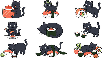 Cute black cat eating sushi cartoon sticker set featuring funny kitten characters with Japanese food illustrations © Sujon Shah