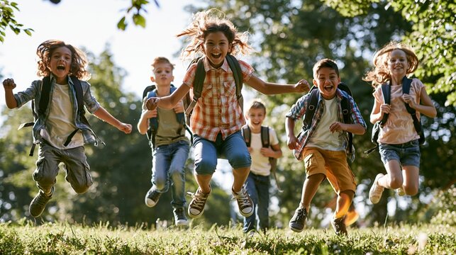 Group of excited schoolchildren wearing backpacks jumping together on green grass outdoors, expressing joy and energy