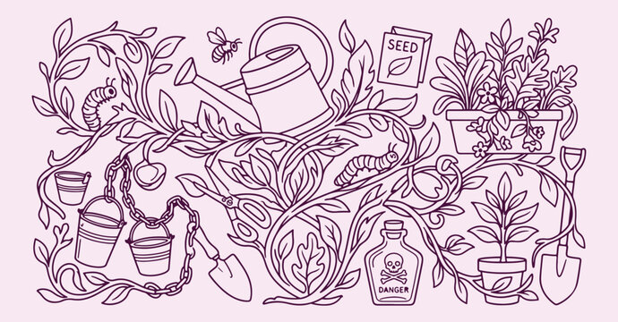 gardening tools pattern, horticulture hobby background, yard work illustration, spring planting design, watering can art, nature growth motif, garden care sketch, home exterior decor
gardening, tools,