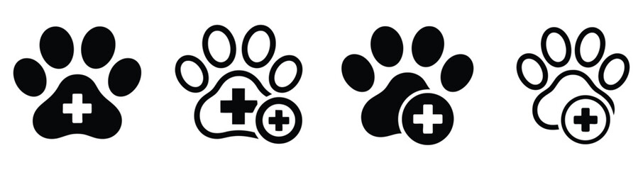 Animal paw print vector icon featuring medical cross symbols for veterinary care, pet health, animal clinic and healthcare service concepts, vector, designs © MUNNA