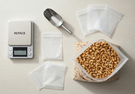Top View of Repacking Bulk Cashew Nuts into Small Plastic Bags with Digital Scale and Scoop on Wooden Table