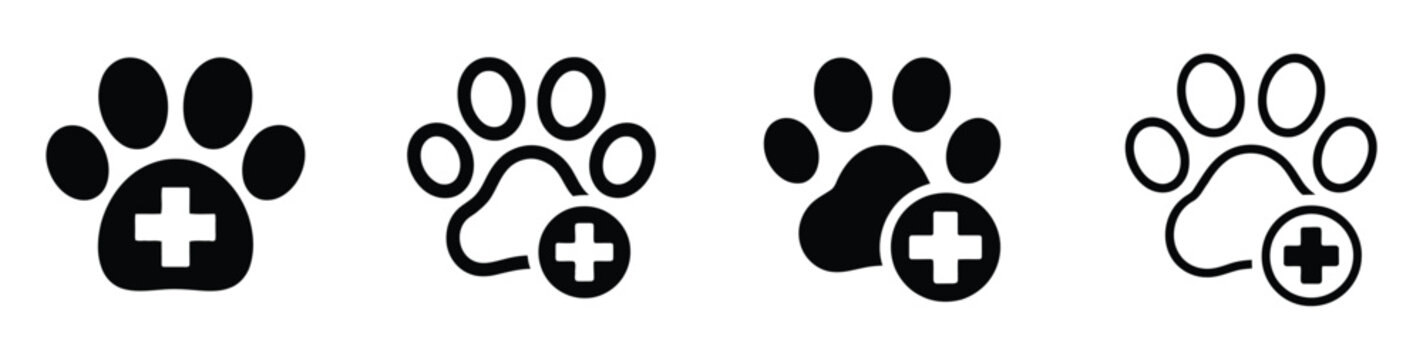 Pet health vector icon set with animal paw prints and medical cross symbols for veterinary treatment, animal care and clinic branding projects, vector, designs