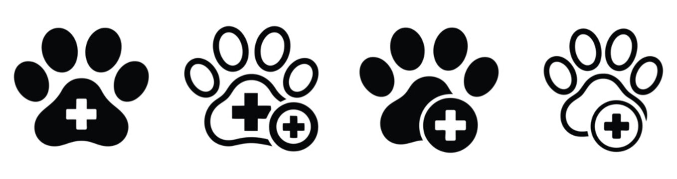 Animal paw print vector icon featuring medical cross symbols for veterinary care, pet health, animal clinic and healthcare service concepts, vector, designs