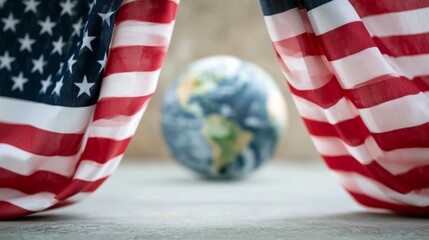 Plakat American flags opening dramatically to reveal Planet Earth globe, illustrating concepts of US global power, patriotism, and world affairs
