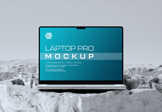 Modern Laptop Mockup on Grey Stone Rocks with Screen Display 
