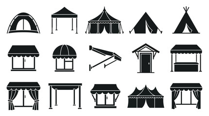 Obraz premium A collection of black silhouette icons showcasing various tents, awnings and market stalls on a white background, illustrating diverse temporary structures and outdoor commerce
