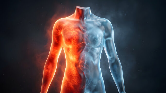 Abstract chronic pain concept showing invisible body discomfort, nerve stress, inflammation and healing through surreal 3D symbolism. AI Generated.