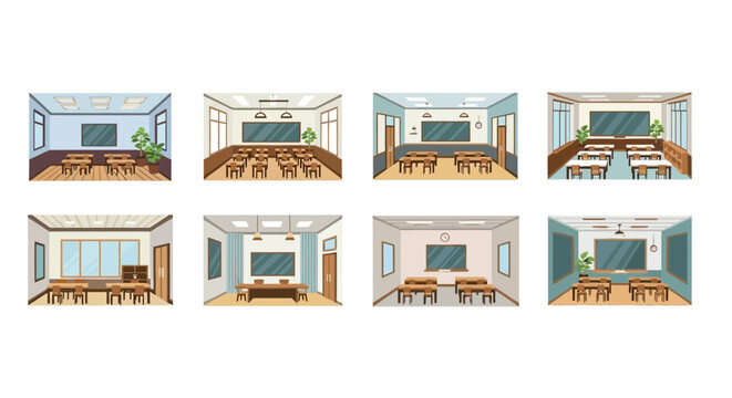 Collection of school classroom interior layouts in flat design style